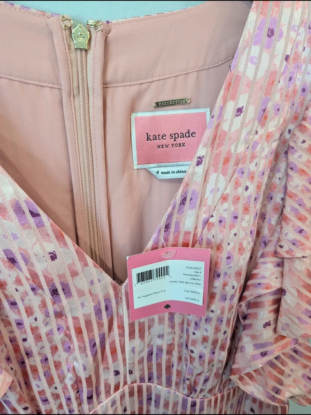*New* Kate apade Pink Flutter Sleeve V-Neck Midi Dress Sz 4